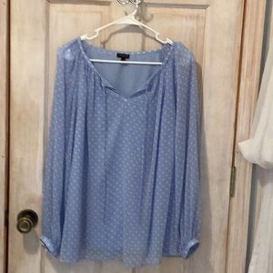 Talbots chiffon blouse. Small white polka dots on a baby blue chiffon fabric.